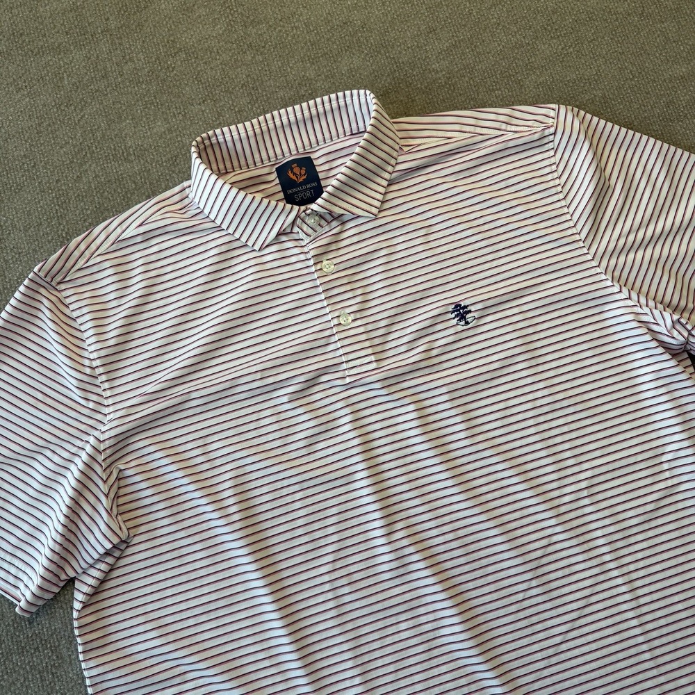 Donald Ross Sport  Mens XL Pink Navy Striped‎ Golf Polo Embroidered Tree